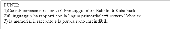 Text Box: PUNTI:
1)Canetti conosce e racconta il linguaggio oltre Babele di Rutschuck
2)il linguaggio ha rapporti con la lingua primordiale ovvero l'ebraico
3) la memoria, il racconto e la parola sono inscindibili

